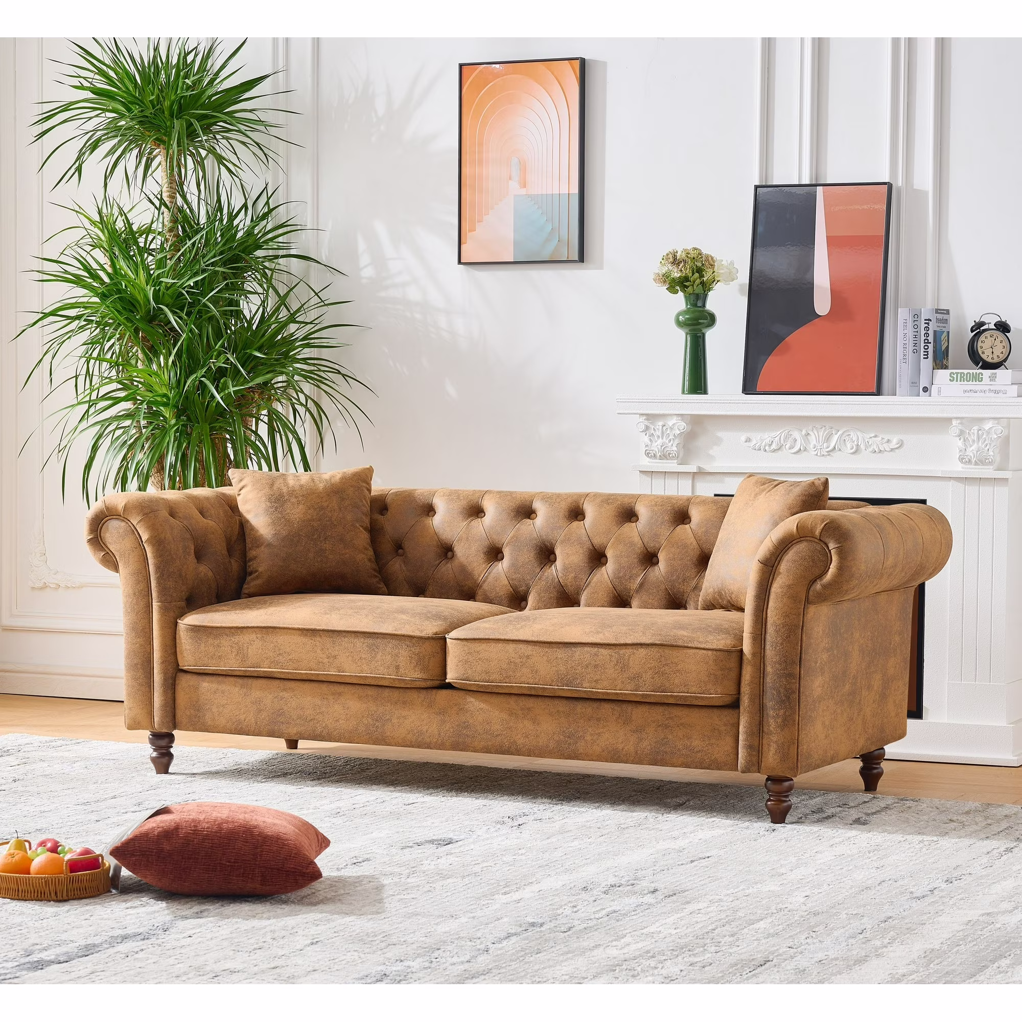 83" ‌Luxury Chesterfield Leather Sofa, Mid-Century Modern Upholstered Sofa